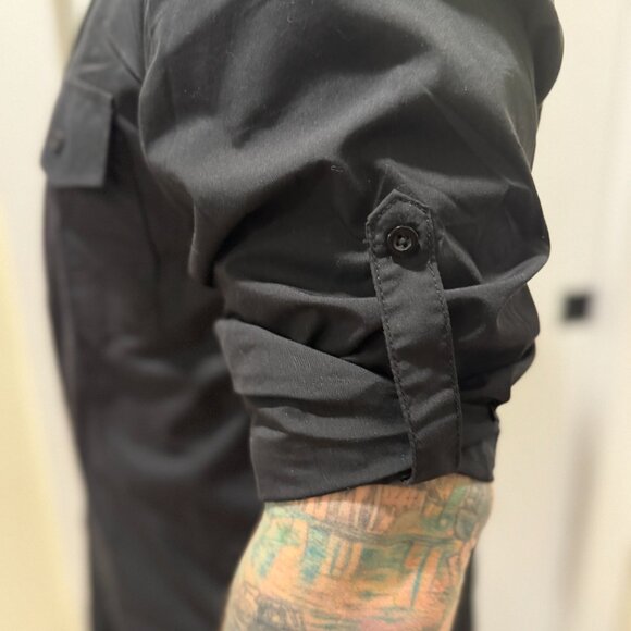 SAFARI SLEEVE!  (has button to stay rolled up) Black Dressy Casual Button Down - Picture 5 of 7